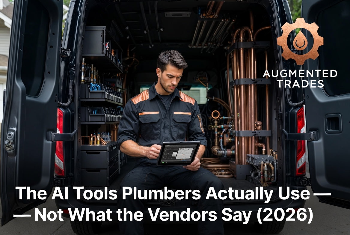 Plumber seriously reviewing AI tools on a tablet while sitting on the tailgate of his organized Mercedes Sprinter van on a job site, with realistic tool storage visible inside and Augmented Trades branding