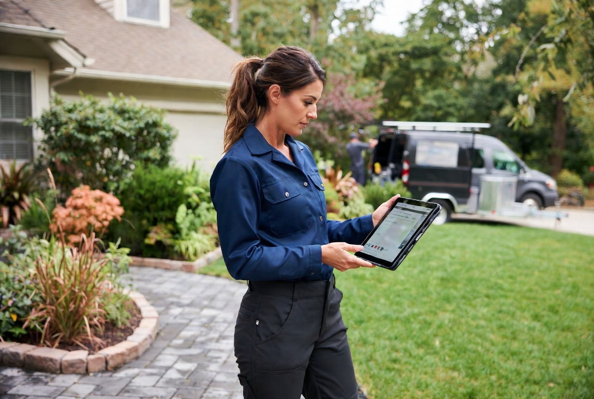 Landscape contractor reviewing AI field service management software on a tablet in a residential yard with a service crew loading equipment in the background, illustrating the 2026 AI tool stack for landscaping contractors