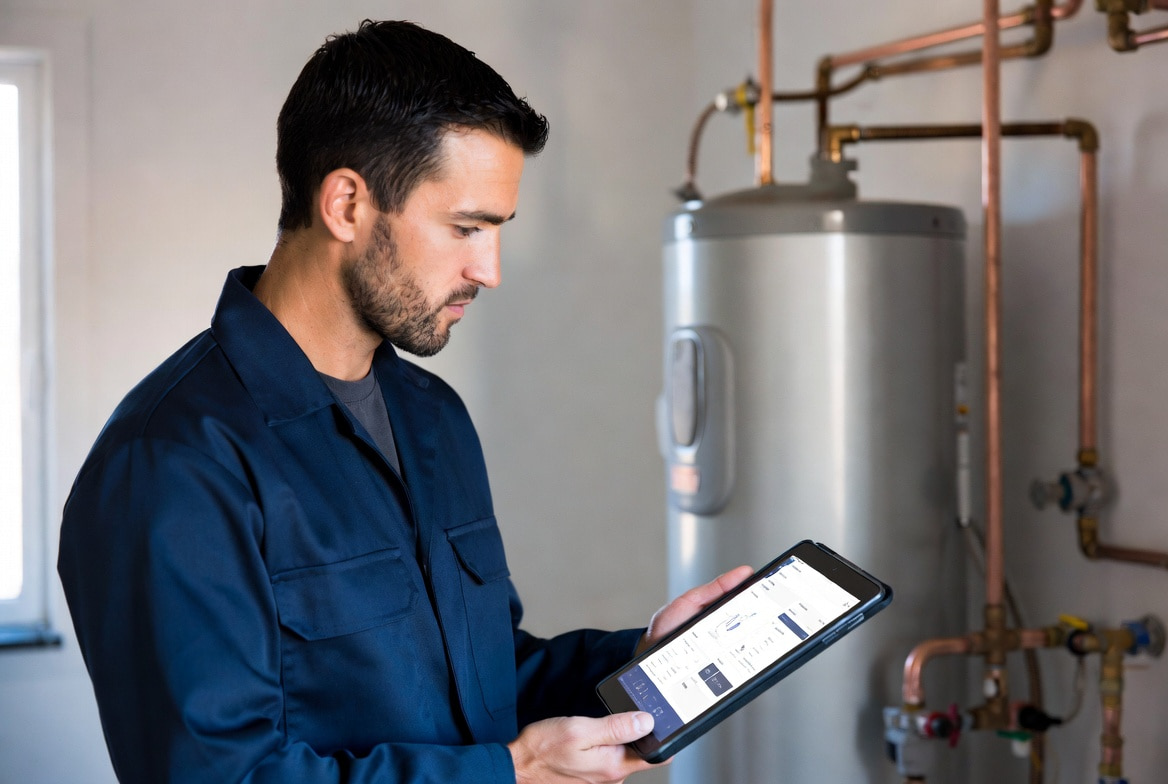 Plumbing contractor reviewing AI field service management software on a tablet in a modern residential utility room, illustrating the 2026 AI tool stack for plumbing businesses
