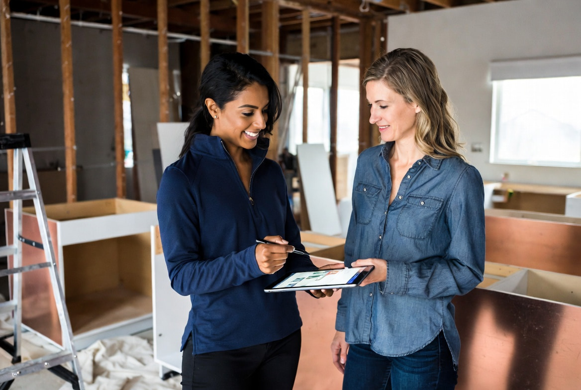 Female remodeling contractor and homeowner client reviewing AI project management software on a tablet inside an active residential kitchen renovation, illustrating the 2026 AI software stack for residential remodelers and custom home builders