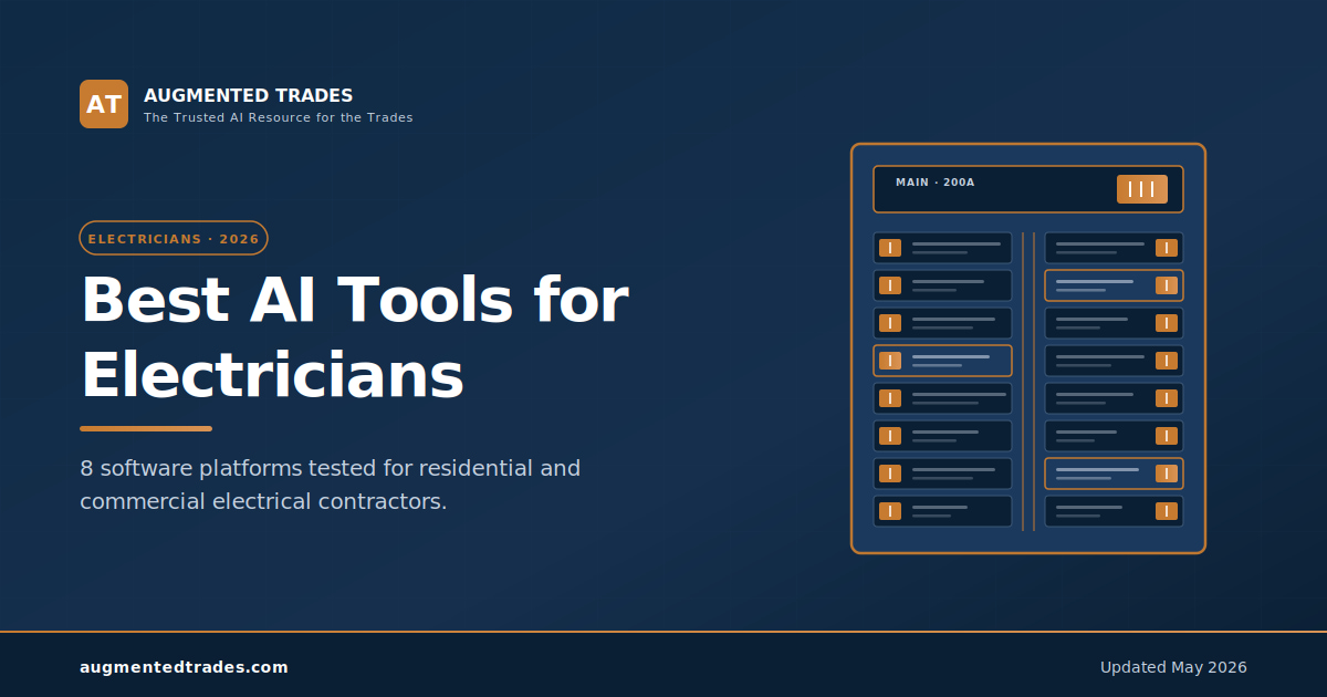 Augmented Trades featured image for Best AI Tools for Electricians in 2026 — abstract electrical panel schedule visual with main breaker and circuit components in navy and copper