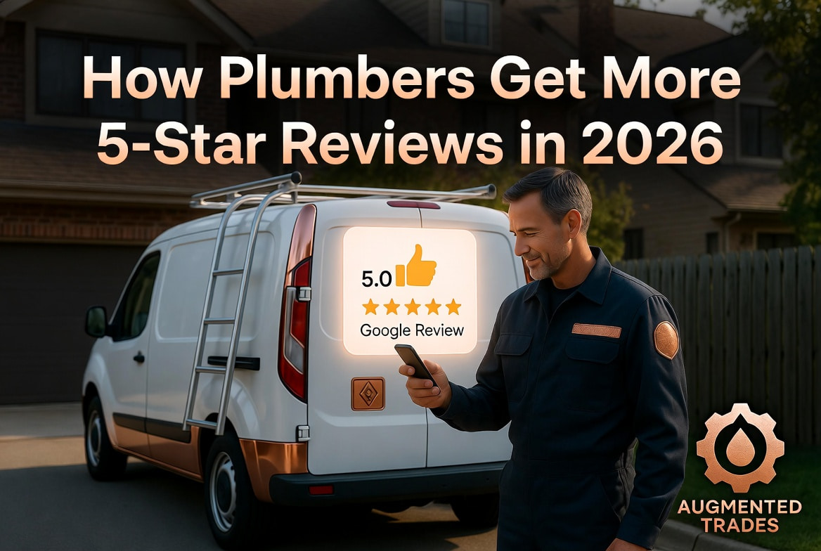 Plumber viewing 5-star Google review on phone after job site - How Plumbers Get More 5-Star Reviews in 2026