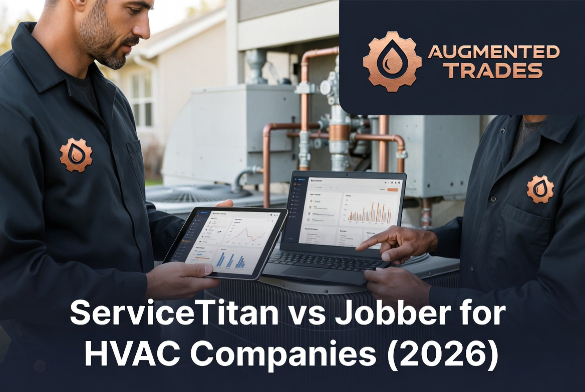 Two HVAC technicians comparing ServiceTitan and Jobber software on tablet and laptop at a residential job site with Augmented Trades branding