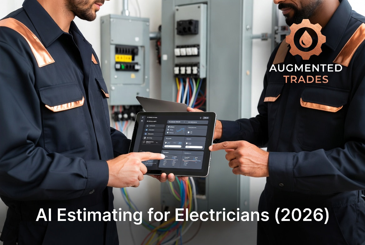 Two electricians using AI estimating software on a tablet at a job site with electrical panels and Augmented Trades branding