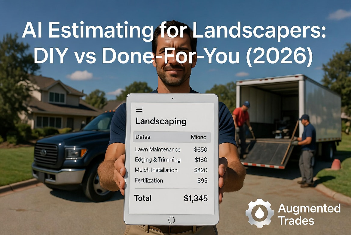 Landscaper showing a customer a realistic AI-powered landscaping estimate on a tablet at a sunny residential job site with work truck and trailer in the background. AI Estimating for Landscapers: DIY vs Done-For-You (2026).