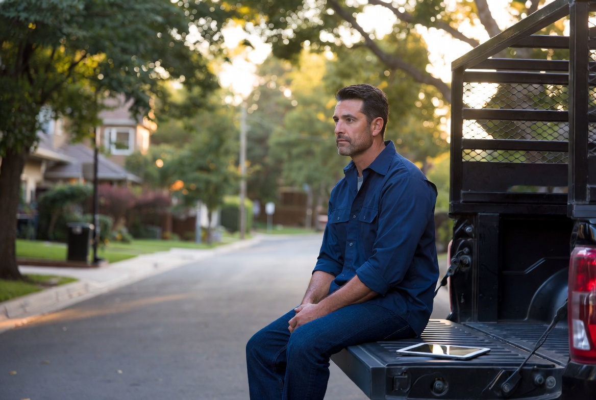 A trade contractor sitting on his truck tailgate at golden hour, reflecting on his business, illustrating a 2026 weekend read on AI findability and operational efficiency in the trades