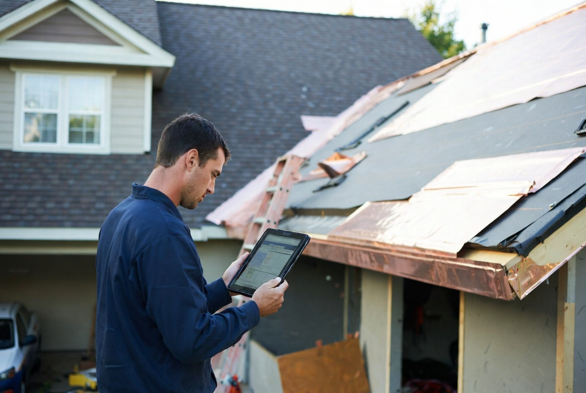 Roofing contractor reviewing AI field service management software on a tablet outside a residential home with active roof work, illustrating the 2026 AI tool stack for roofing contractors