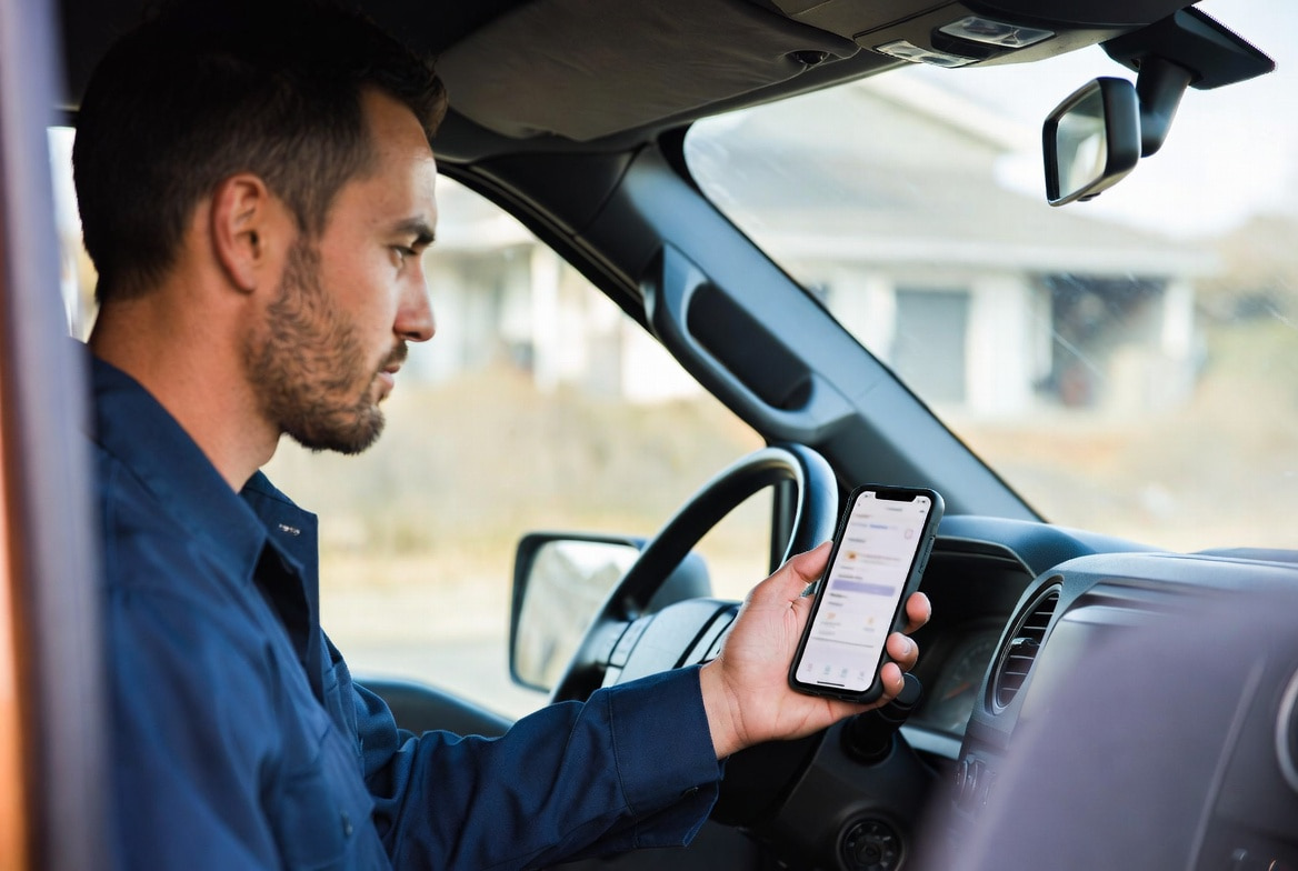 Trade contractor checking field service management software with AI features on a smartphone in a work truck between jobs, illustrating the 2026 wave of AI agents in FSM tools