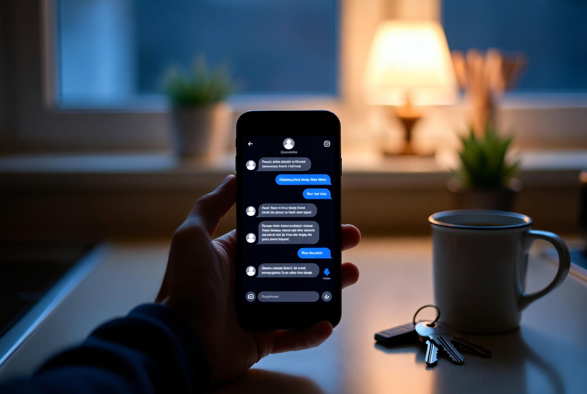 A homeowner at a kitchen counter at dusk using a smartphone to search for a local contractor.