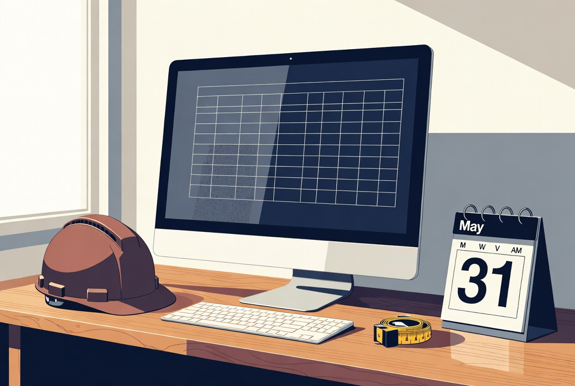 A desktop computer on a trade contractor's workbench beside a hard hat, tape measure, and a desk calendar showing May 31 — illustrating the QuickBooks Desktop 2023 service shutoff deadline.