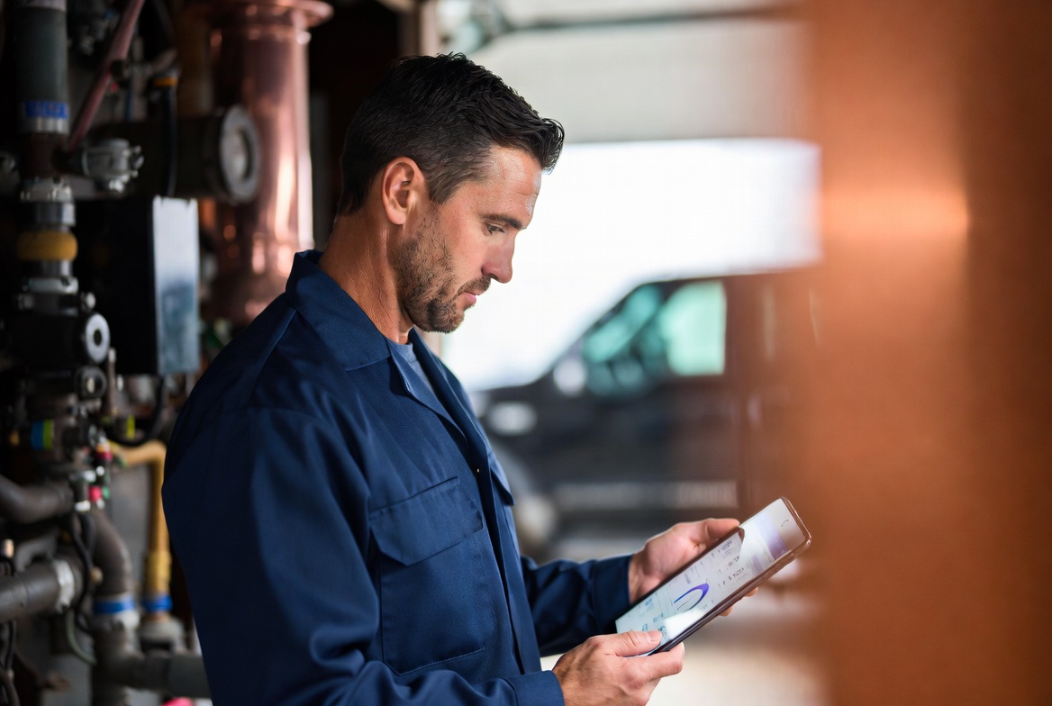 An HVAC contractor considering AI software on a tablet, illustrating the 2026 gap between contractors who believe in AI and the 1 in 4 who actually use it