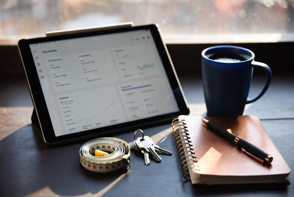 A contractor's planning table at dawn with a tablet, coffee, truck keys, and a notebook, illustrating a weekly trade-software industry roundup on AI findability and pricing for contractors
