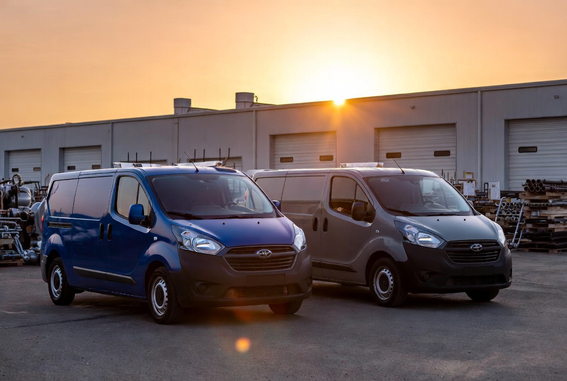 Two plumbing service work vans parked side by side outside a supply warehouse at dawn
