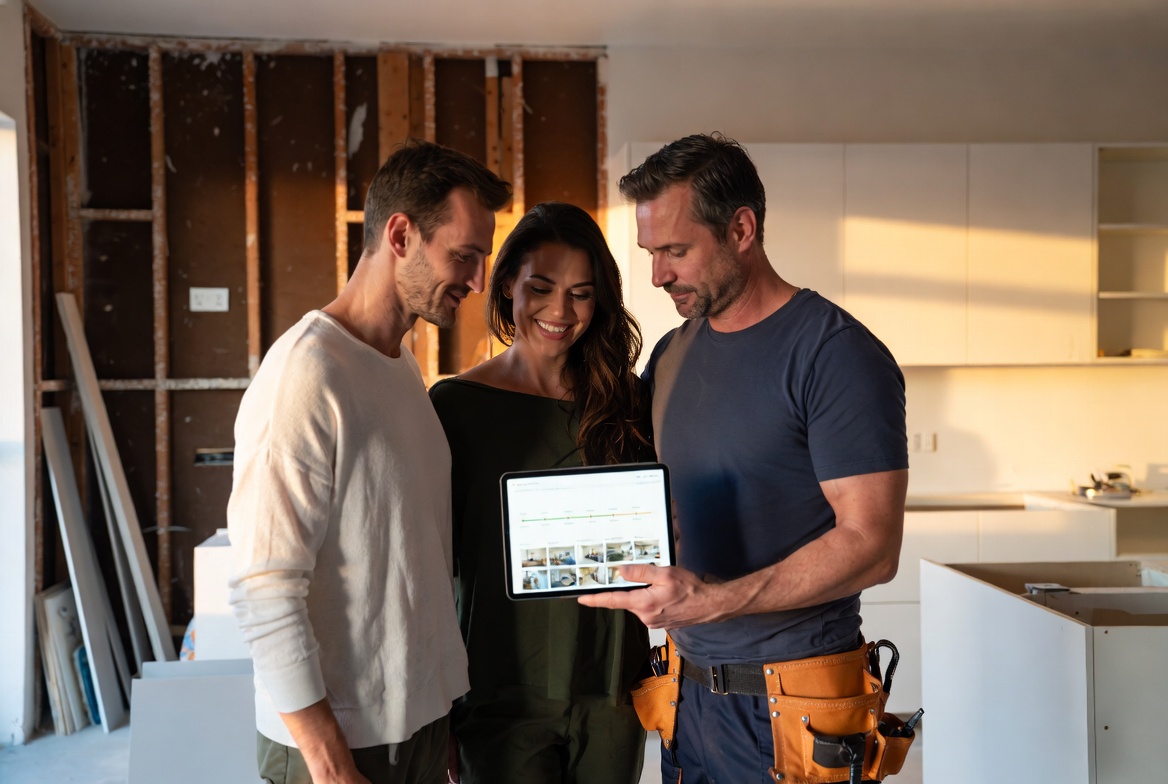 Homeowner couple and remodeling contractor reviewing a client portal on a tablet in a kitchen mid-renovation