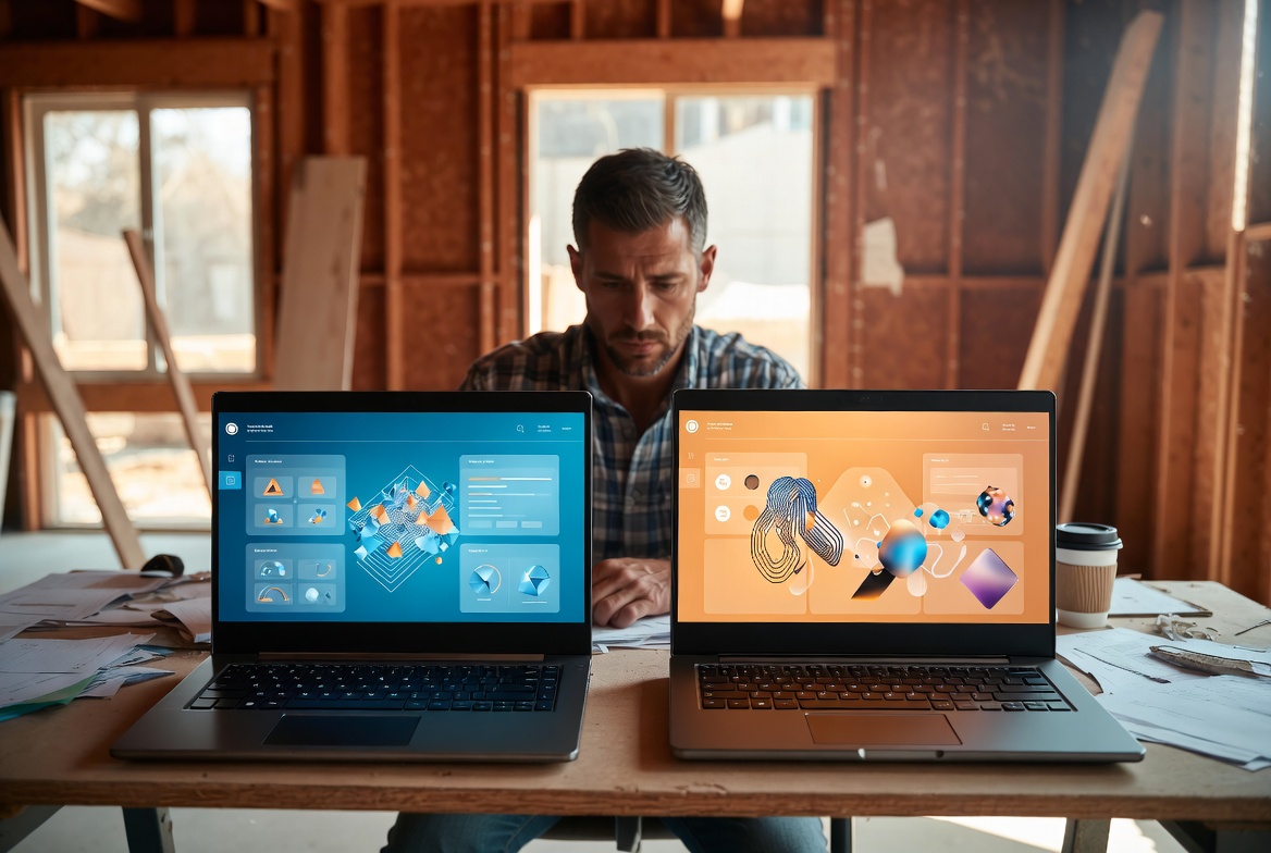Remodeling contractor comparing two construction software dashboards on laptops at a job-site desk