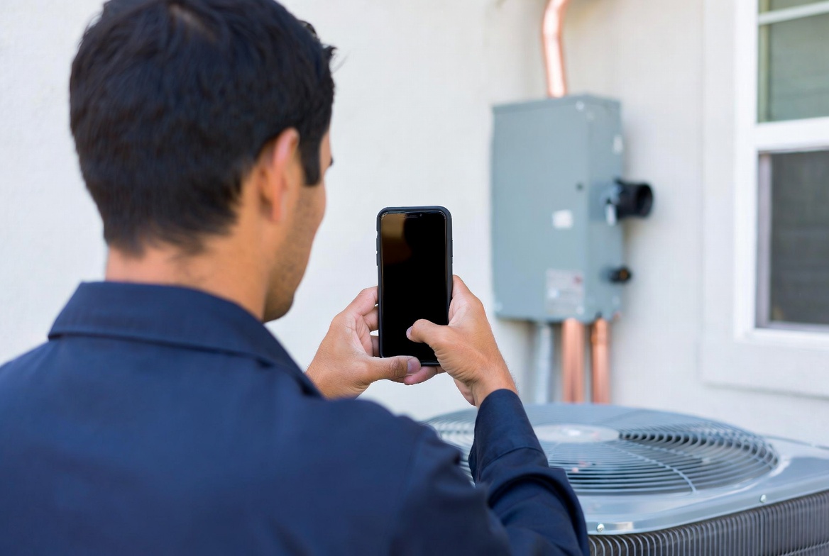 A contractor photographing his completed work on a smartphone, illustrating the CompanyCam and NiceJob workflow that turns job-site photos into automated 5-star review requests