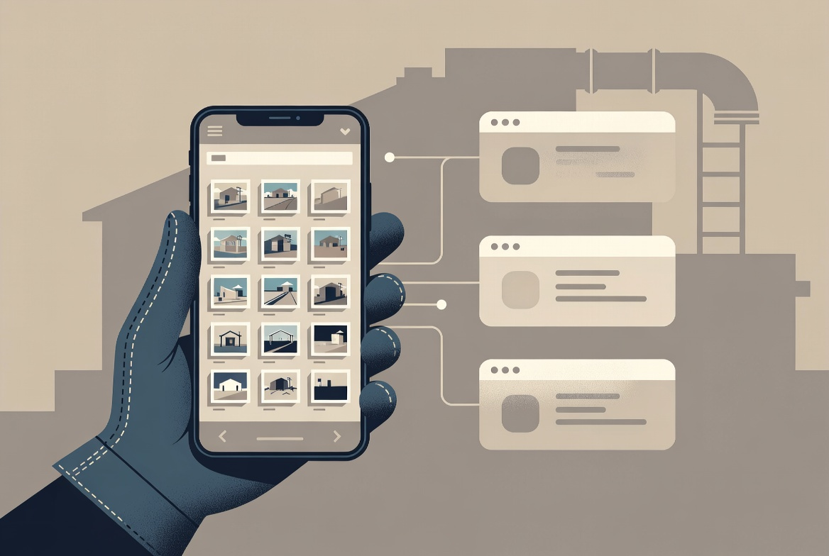 Contractor organizing job-site photos on a phone while three field-service apps sync the images