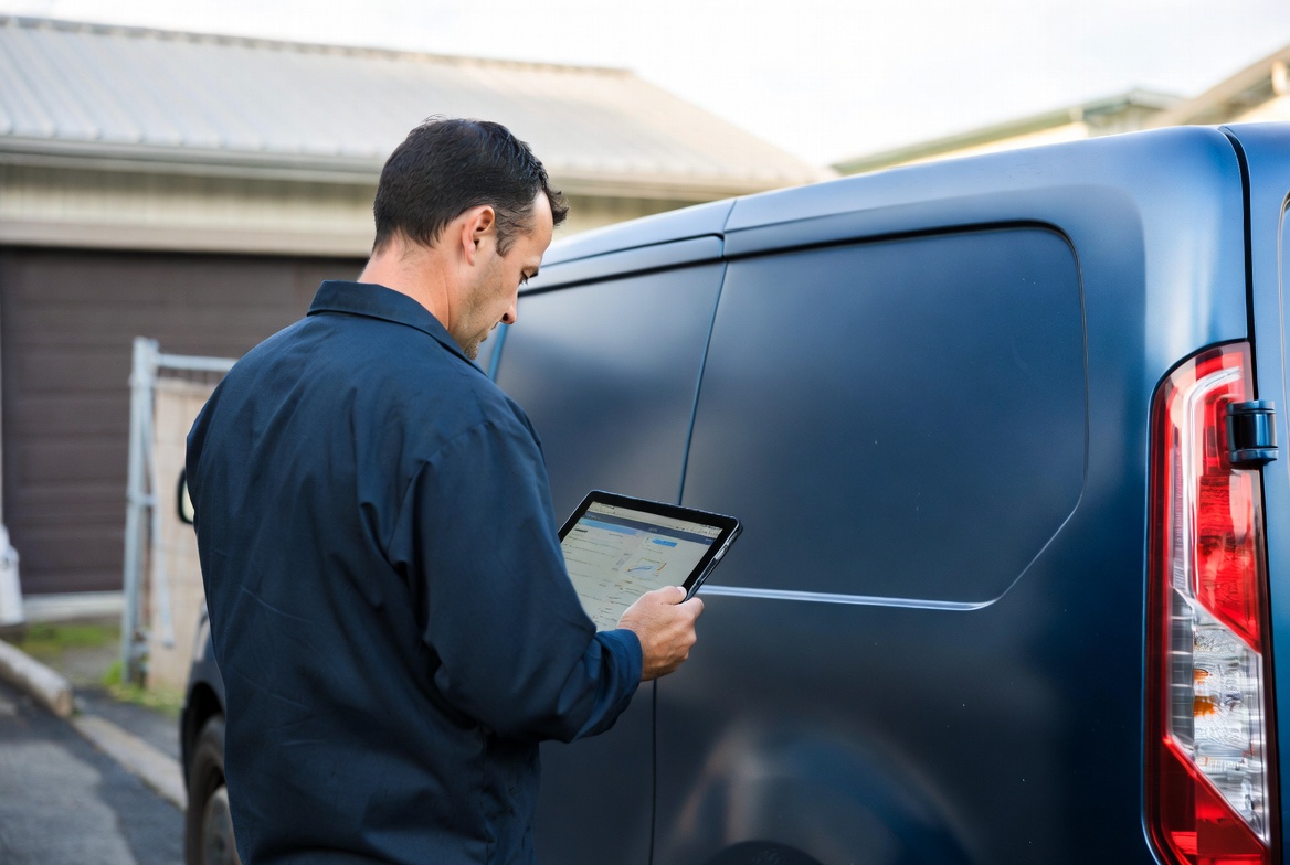 A small-shop owner-operator comparing field service software on a tablet beside his work van, illustrating a 2026 comparison of ServiceTitan alternatives for shops under 10 technicians