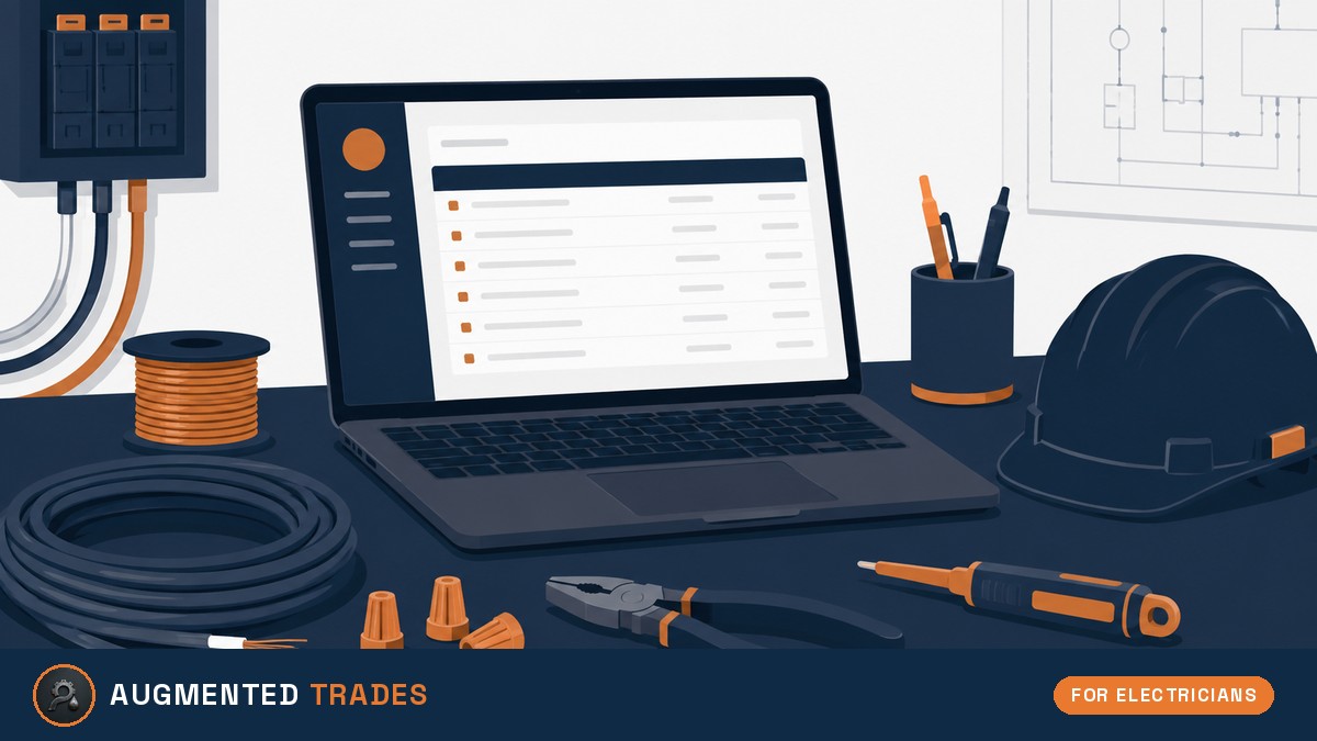 Flat illustration of an electrical contractor's estimating desk with a laptop showing a blank line-item estimate, a spool of copper wire, cable coil, wire nuts, lineman pliers, a voltage tester and a hard hat, with the Augmented Trades logo