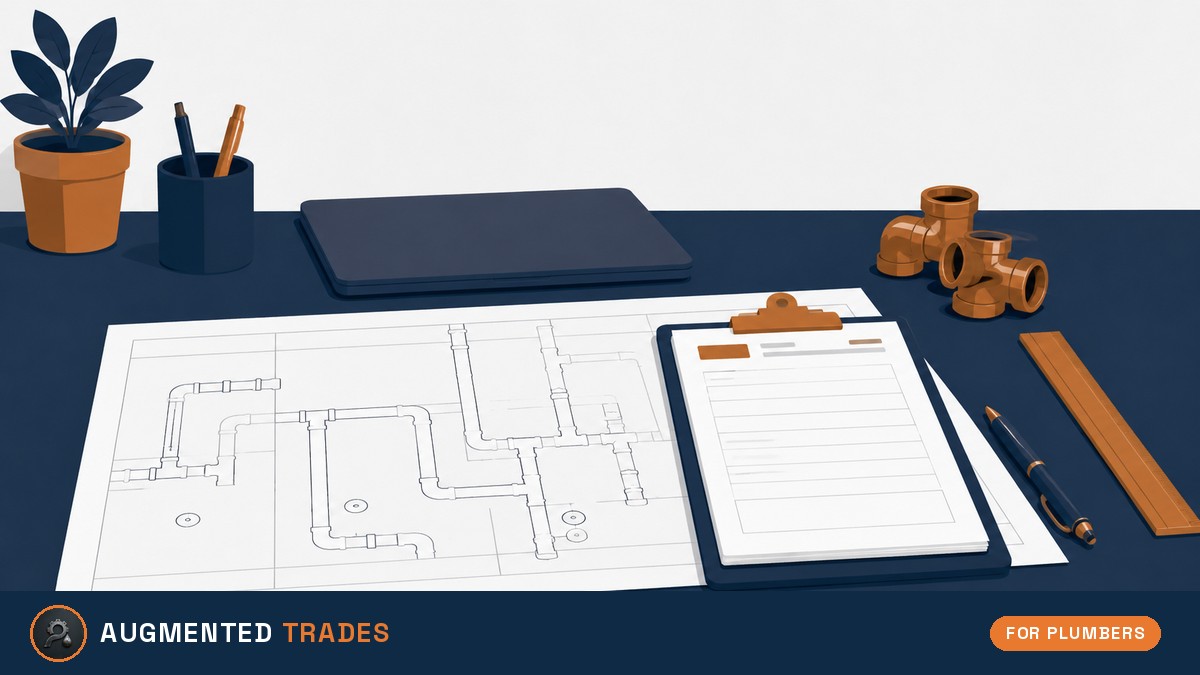 Flat illustration of a plumbing estimating desk with a takeoff sheet showing a blank pipe-run diagram, a clipboard with a blank quote pad, a pen, a scale ruler, copper fittings and a closed laptop, with the Augmented Trades logo