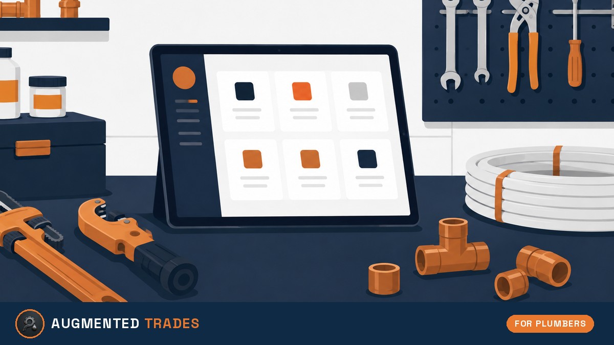 Flat illustration of a plumbing shop workbench with a tablet showing an app tile grid, a pipe wrench and pipe cutter, copper fittings, a PEX coil and a pegboard of tools, with the Augmented Trades logo