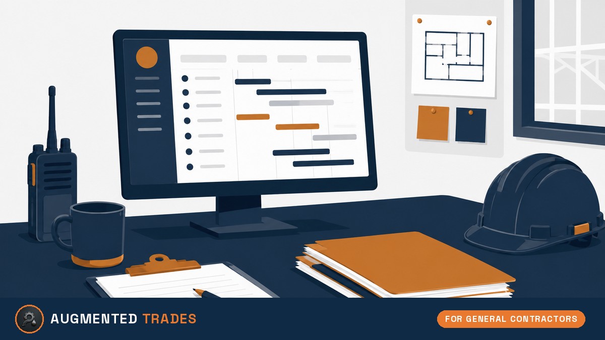 Flat illustration of a general contractor's site trailer desk with a monitor showing a schedule board, a two-way radio, a clipboard, folders and a hard hat, with the Augmented Trades logo