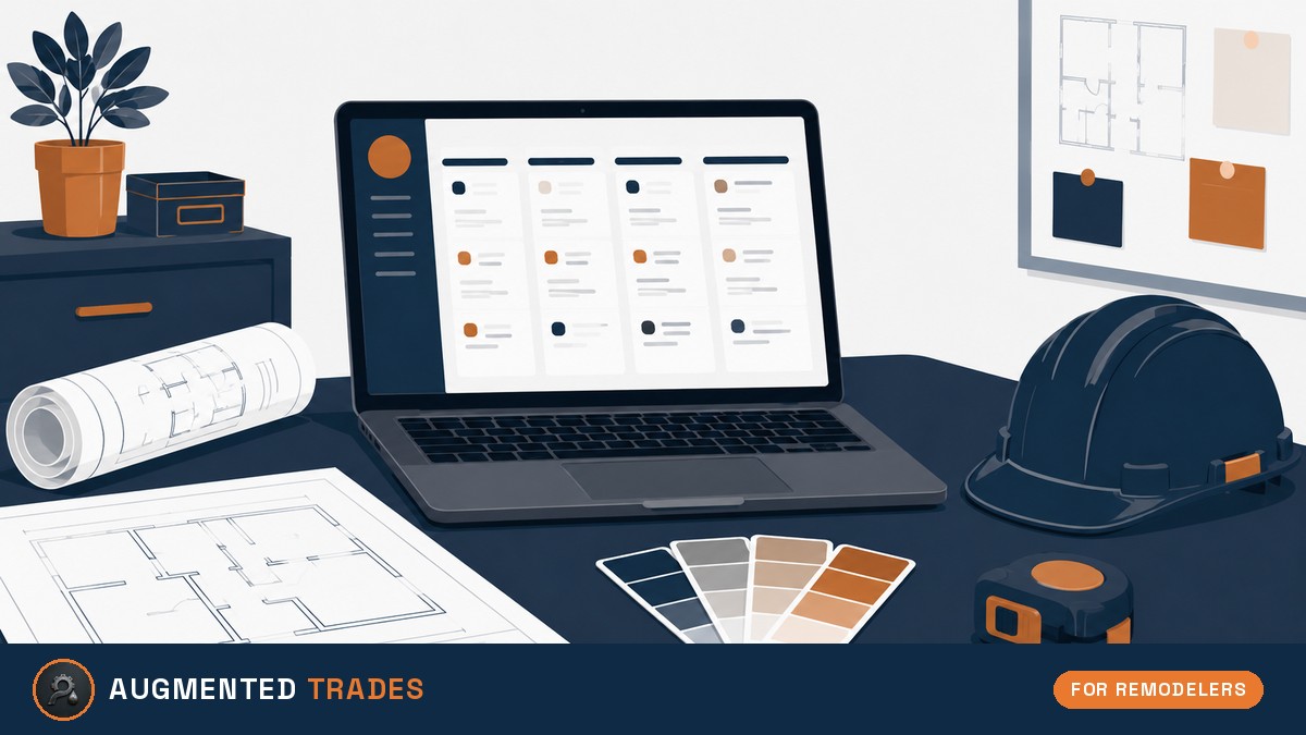 Flat illustration of a remodeling contractor's desk with a laptop showing a project board, rolled and flat blueprints, a paint swatch fan, a tape measure and a hard hat, with the Augmented Trades logo