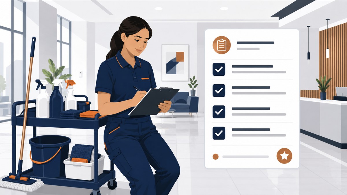 Illustration of a commercial cleaner reviewing a startup checklist on a clipboard beside a supply cart in an office lobby