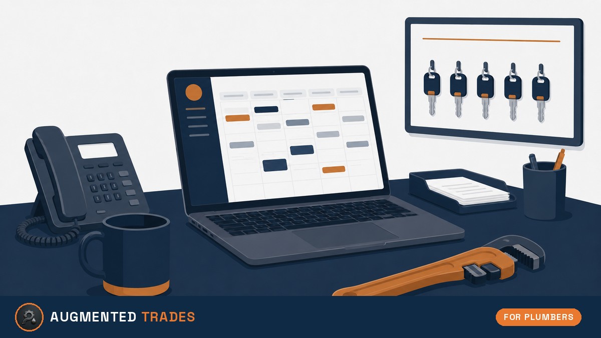 Flat illustration of a plumbing shop dispatch desk with a laptop showing a weekly scheduling board, a desk phone, a mug, a board of van keys on hooks and a pipe wrench, with the Augmented Trades logo