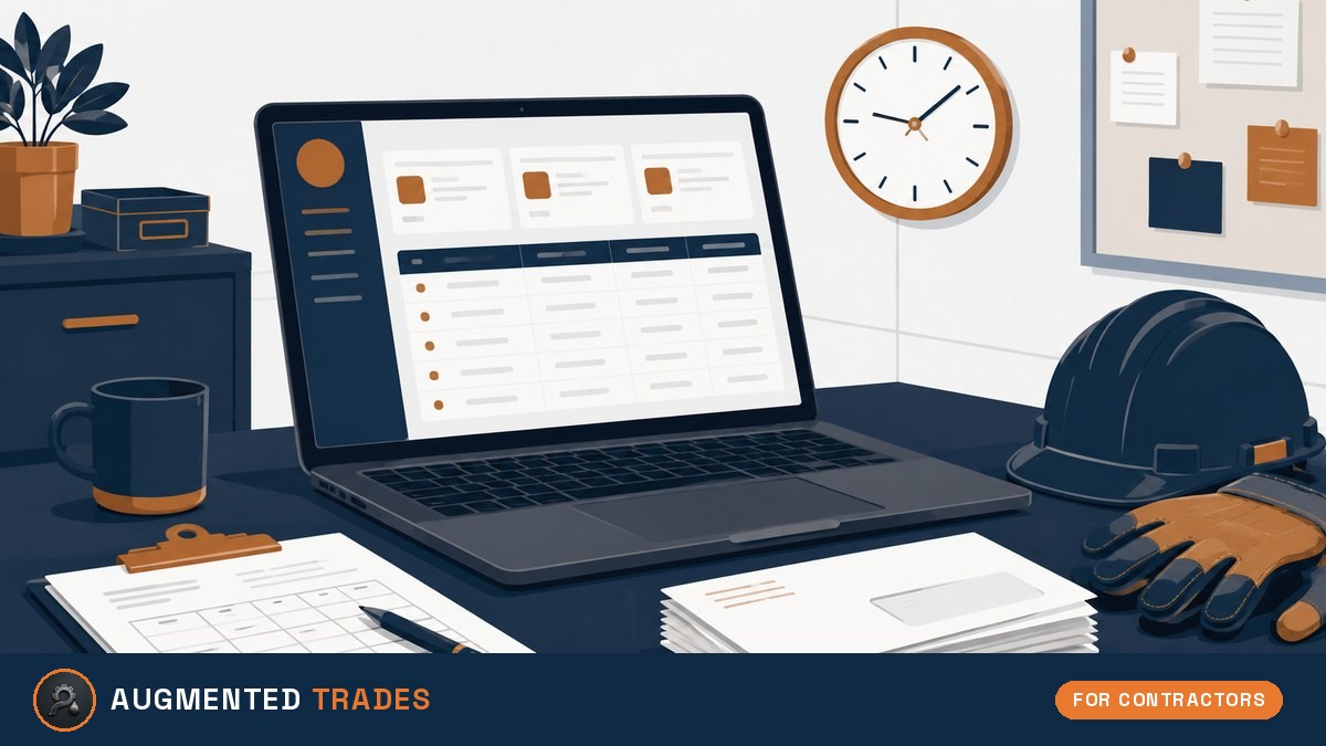 Illustration of a contractor's back-office desk with a laptop showing a payroll run, pay envelopes, a timesheet clipboard, hard hat and work gloves, with the Augmented Trades logo