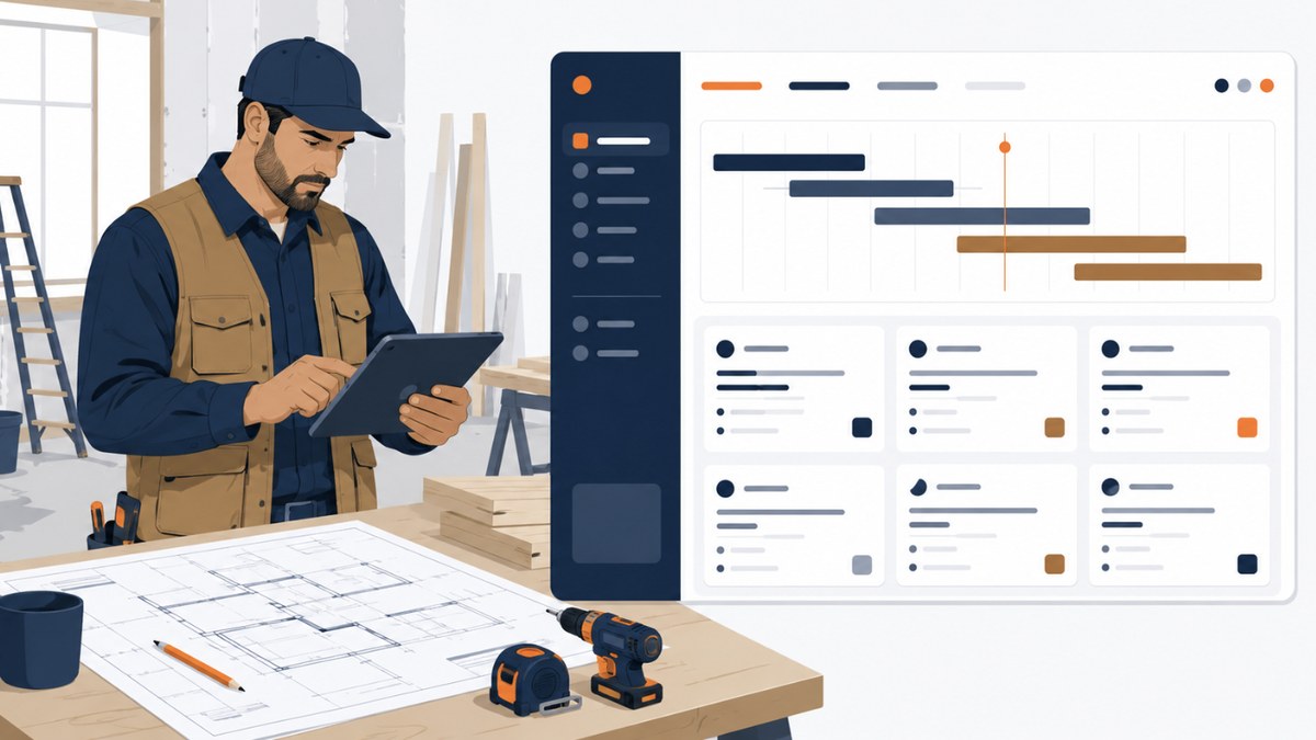 Illustration of a remodeling contractor reviewing a project schedule on a tablet beside an abstract project-management dashboard