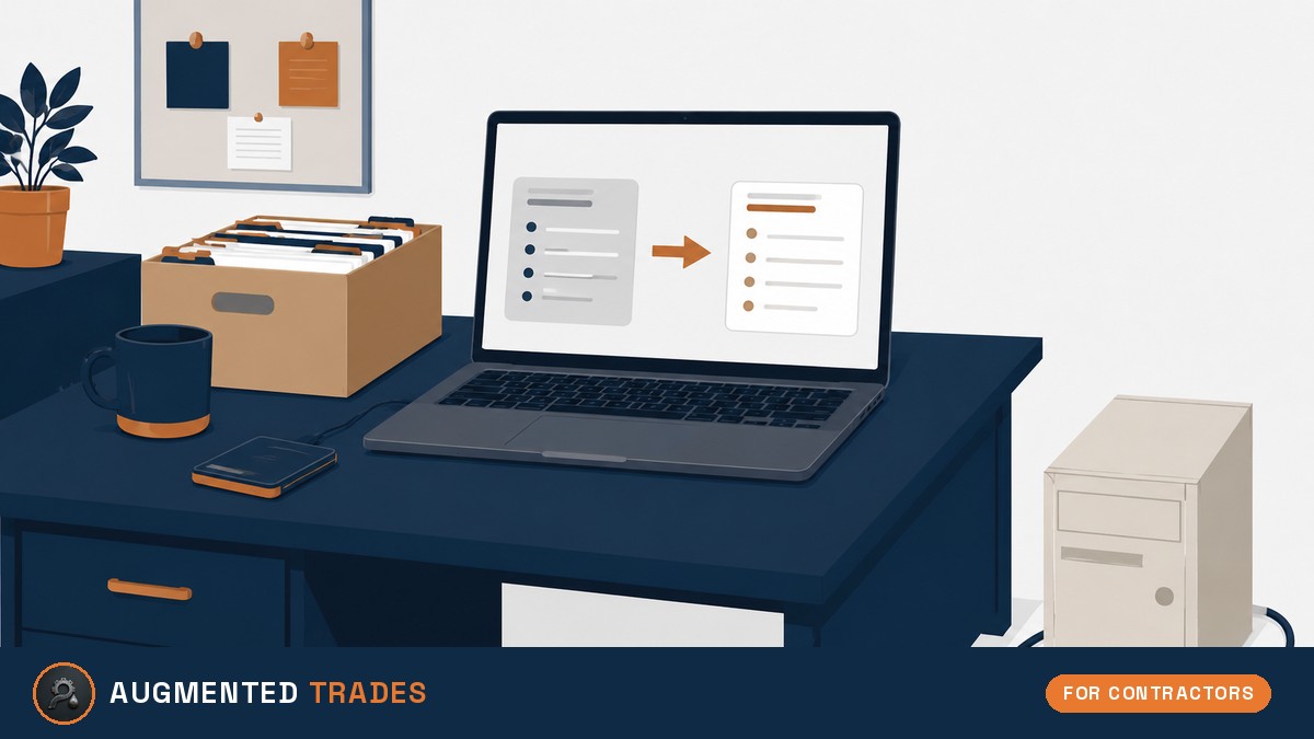 Flat illustration of a contractor's office desk with a laptop showing data moving between two blank panels, an old beige desktop tower unplugged on the floor, a file box of folders and an external hard drive, with the Augmented Trades logo