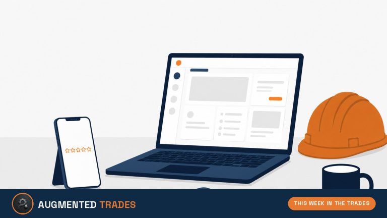 Flat vector illustration: laptop with blank dashboard, smartphone showing star reviews, hard hat and mug — This Week in the Trades cover