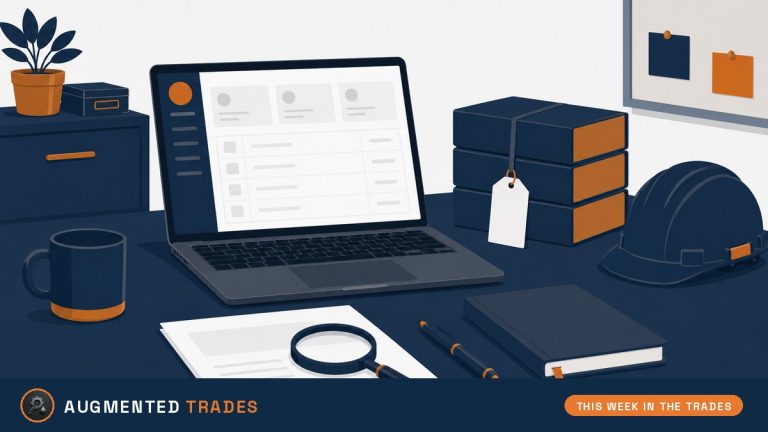 Flat vector illustration of a contractor office desk with a laptop showing a blank dashboard, a strapped stack of unlabeled software boxes with a blank tag, a contract page under a magnifying glass, and a hard hat.
