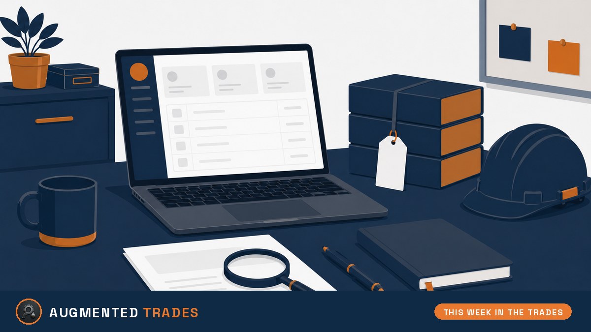 Flat vector illustration of a contractor office desk with a laptop showing a blank dashboard, a strapped stack of unlabeled software boxes with a blank tag, a contract page under a magnifying glass, and a hard hat.
