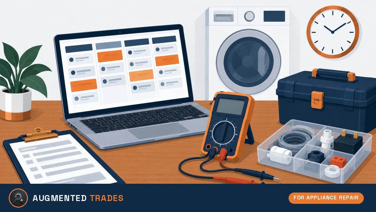 Flat vector illustration of an appliance repair dispatch desk with a laptop job board, multimeter, parts tray, toolbox and a washing machine