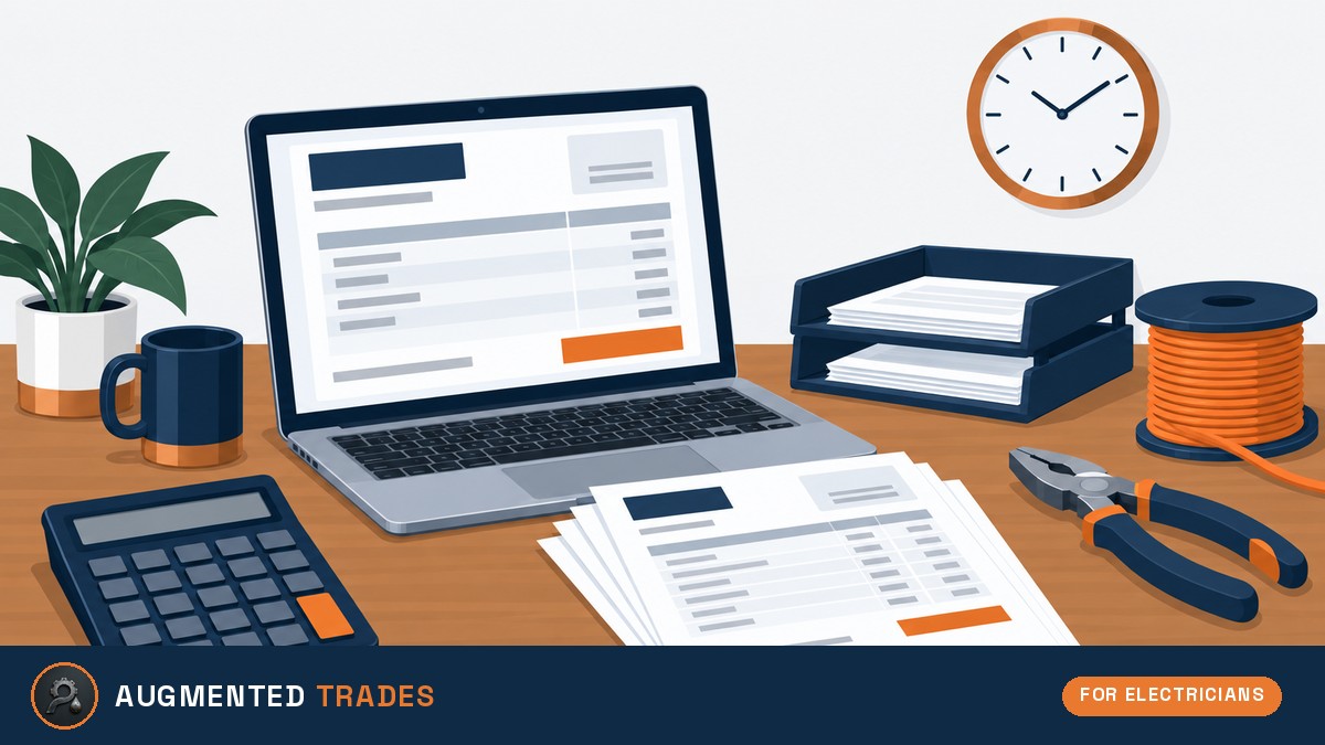 Flat vector illustration of an electrical contractor billing desk with a laptop invoice, printed invoices, a calculator, wire spool and lineman pliers