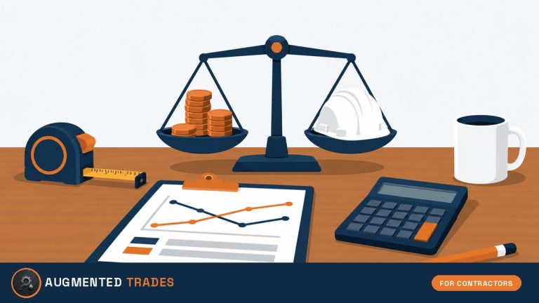 Flat-vector illustration of a balance scale weighing coins against a hard hat, with a chart clipboard, calculator and tape measure