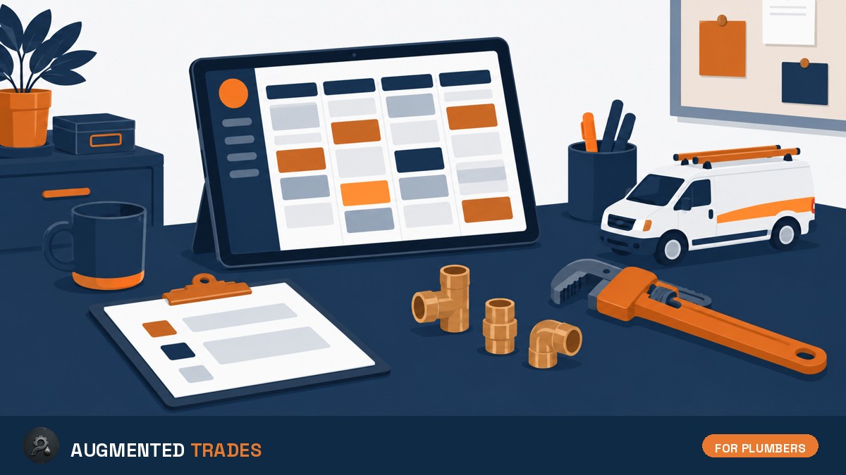 Flat vector illustration of a plumbing dispatch desk: tablet showing a schedule grid, pipe wrench, brass fittings, service van and clipboard