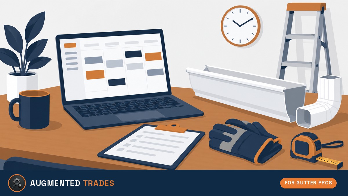 Flat vector illustration of a gutter contractor desk with a laptop scheduling board, gutter section, downspout elbow, ladder, gloves and tape measure
