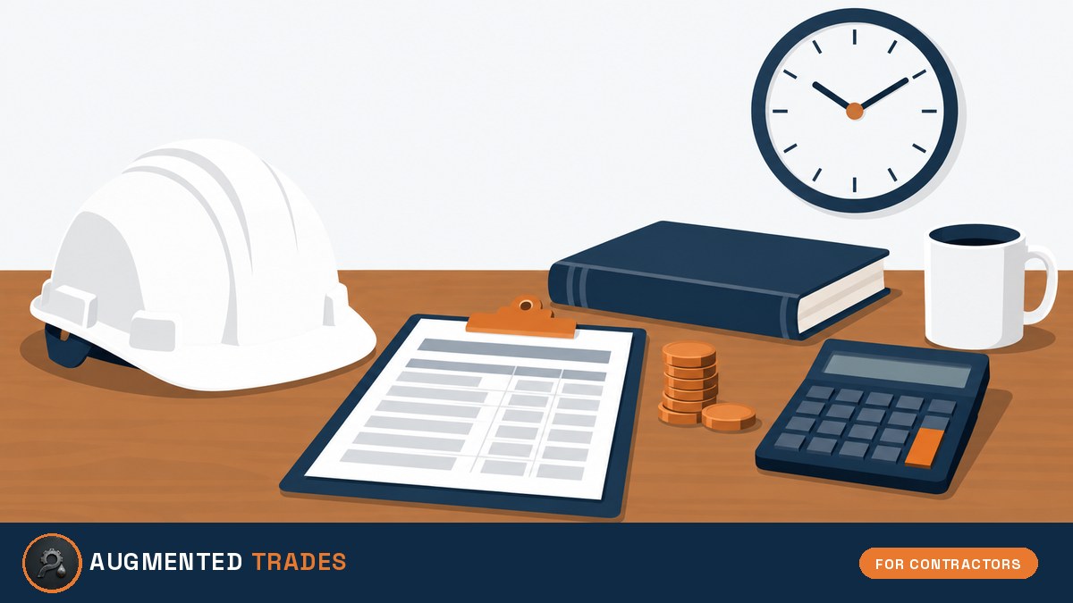 Flat-vector illustration of a contractor desk: hard hat, timesheet clipboard, calculator, coins, ledger and wall clock
