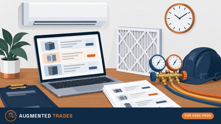 Flat vector illustration of an HVAC proposal desk with a laptop showing option cards, printed proposals, manifold gauges, an air filter and a mini-split unit