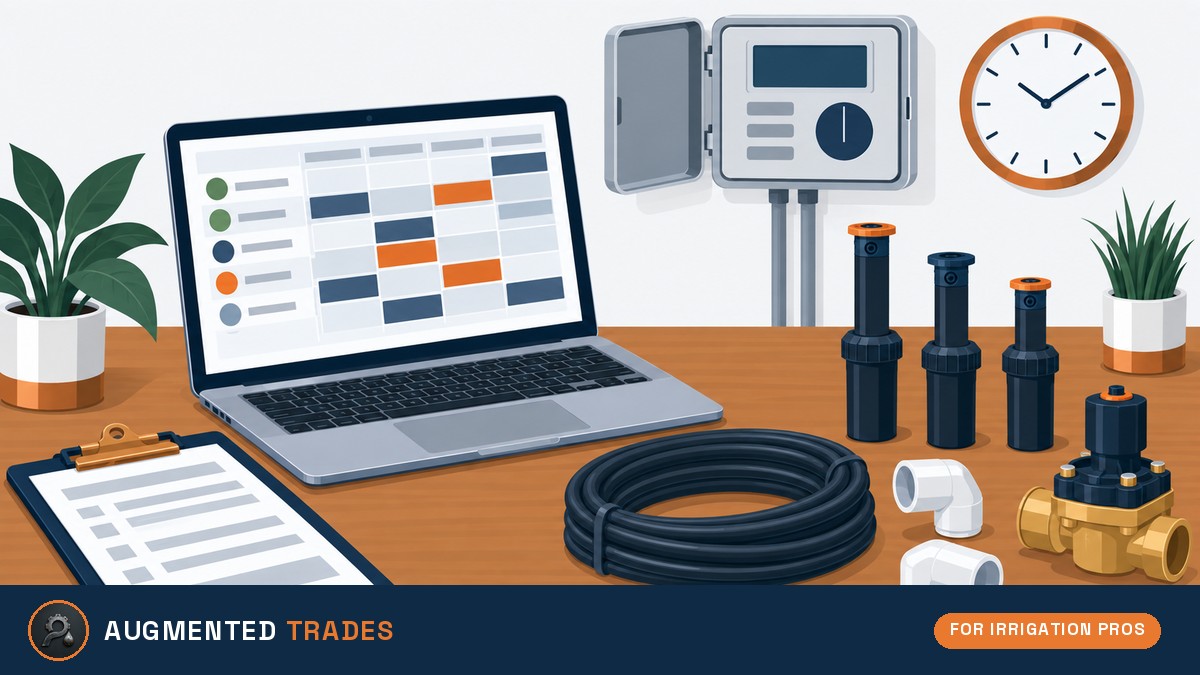 Flat vector illustration of an irrigation contractor desk with a laptop zone schedule, sprinkler heads, poly tubing, PVC fittings, a brass valve and a wall controller