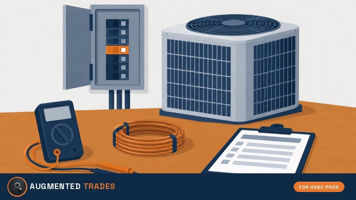 Flat-vector illustration of an outdoor HVAC condenser, electrical panel with an orange GFCI breaker, multimeter and clipboard