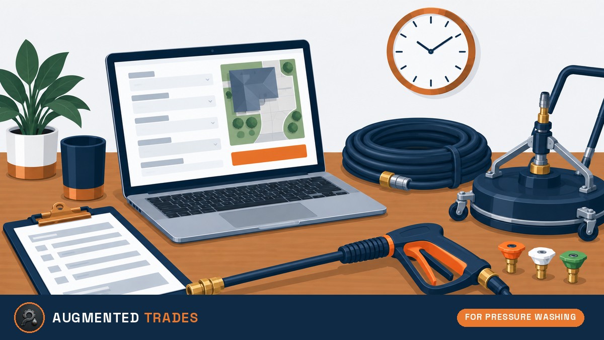 Flat vector illustration of a pressure washing quoting desk with a laptop instant quote form, spray wand, coiled hose, surface cleaner and nozzle tips