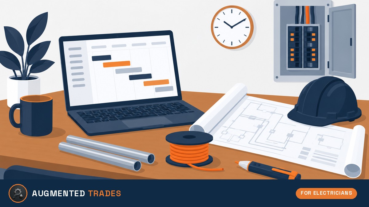 Flat vector illustration of an electrical contractor desk with a laptop project timeline, blueprints, EMT conduit, wire spool, voltage tester and hard hat