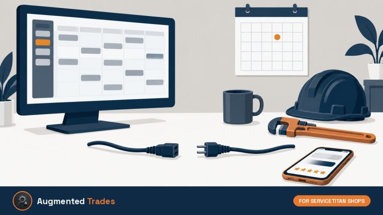 Flat illustration of a contractor desk with a dispatch monitor, wall calendar, hard hat, pipe wrench, smartphone showing review stars, and an unplugged cable lying between the monitor and the phone
