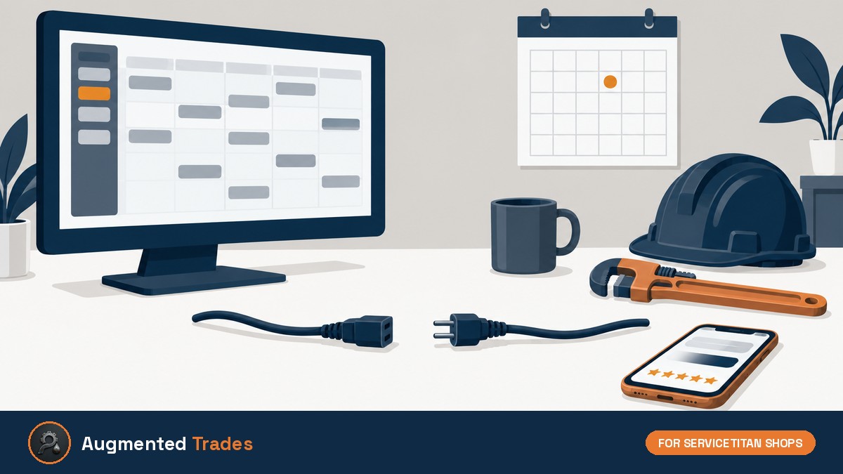 Flat illustration of a contractor desk with a dispatch monitor, wall calendar, hard hat, pipe wrench, smartphone showing review stars, and an unplugged cable lying between the monitor and the phone