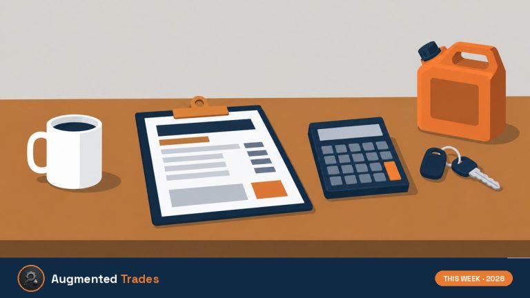 Flat vector illustration of a contractor desk with a clipboard estimate, calculator, fuel can and truck keys
