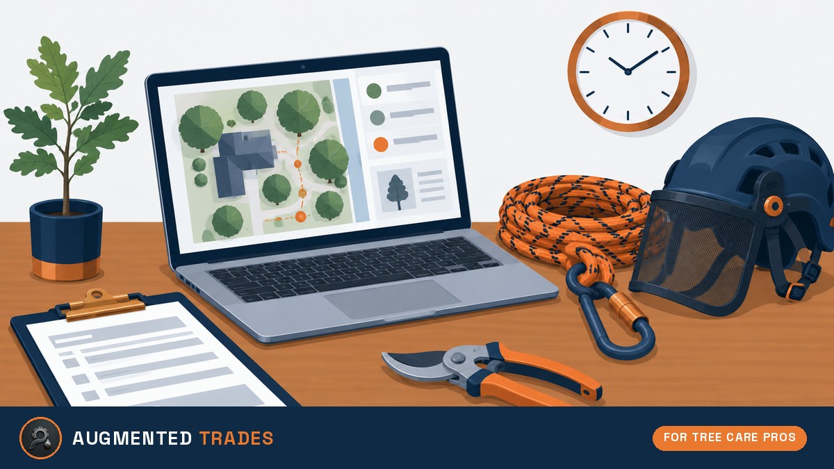Flat vector illustration of a tree care estimating desk with a laptop property map, climbing rope, arborist helmet, hand pruners and a clipboard